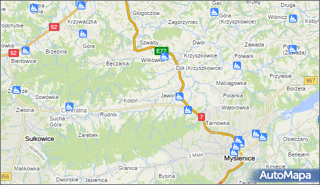 mapa Jawornik gmina Myślenice, Jawornik gmina Myślenice na mapie Targeo