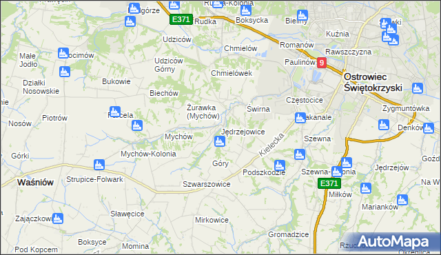 mapa Jędrzejowice gmina Bodzechów, Jędrzejowice gmina Bodzechów na mapie Targeo