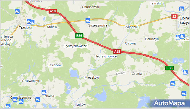 mapa Jędrzychowice gmina Trzebiel, Jędrzychowice gmina Trzebiel na mapie Targeo