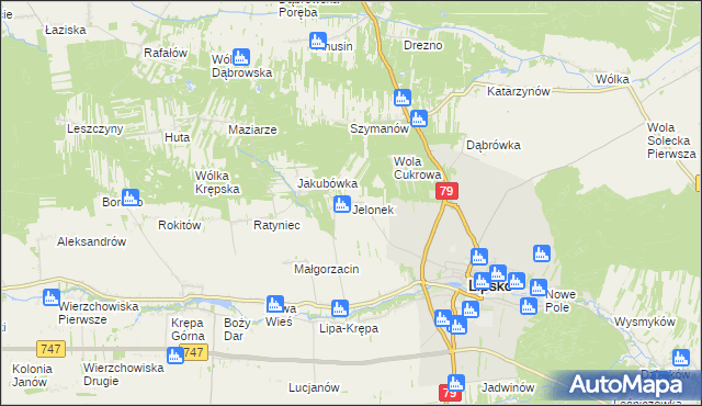 mapa Jelonek gmina Lipsko, Jelonek gmina Lipsko na mapie Targeo