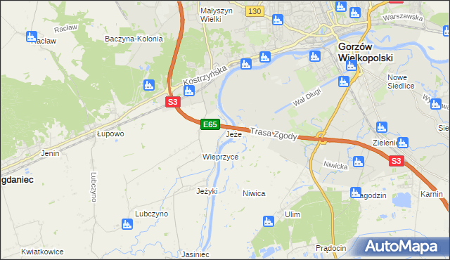 mapa Jeże gmina Bogdaniec, Jeże gmina Bogdaniec na mapie Targeo