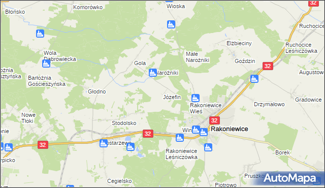 mapa Józefin gmina Rakoniewice, Józefin gmina Rakoniewice na mapie Targeo