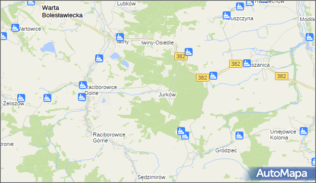 mapa Jurków gmina Warta Bolesławiecka, Jurków gmina Warta Bolesławiecka na mapie Targeo
