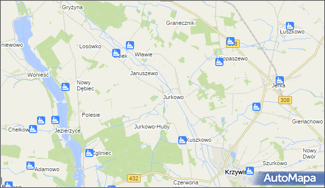 mapa Jurkowo gmina Krzywiń, Jurkowo gmina Krzywiń na mapie Targeo
