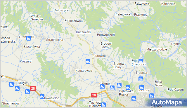 mapa Jurowce gmina Sanok, Jurowce gmina Sanok na mapie Targeo