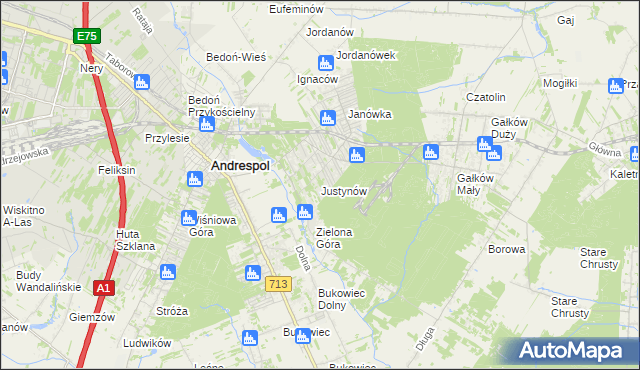 mapa Justynów gmina Andrespol, Justynów gmina Andrespol na mapie Targeo