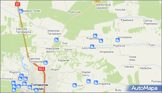mapa Justynówka gmina Tomaszów Lubelski, Justynówka gmina Tomaszów Lubelski na mapie Targeo