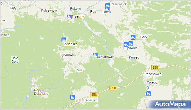 mapa Kajetanówka gmina Biłgoraj, Kajetanówka gmina Biłgoraj na mapie Targeo