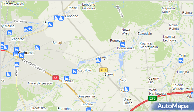 mapa Kamyk gmina Kłobuck, Kamyk gmina Kłobuck na mapie Targeo