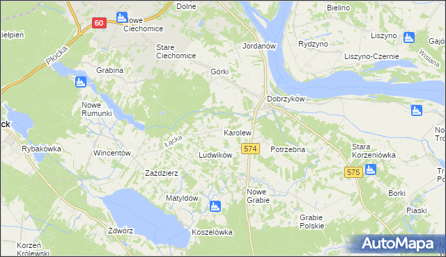 mapa Karolew gmina Gąbin, Karolew gmina Gąbin na mapie Targeo