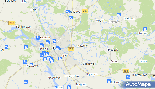 mapa Kawcze gmina Śrem, Kawcze gmina Śrem na mapie Targeo