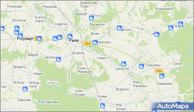 mapa Kawki gmina Panki, Kawki gmina Panki na mapie Targeo