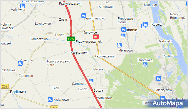 mapa Kaźmierzewo gmina Lubanie, Kaźmierzewo gmina Lubanie na mapie Targeo