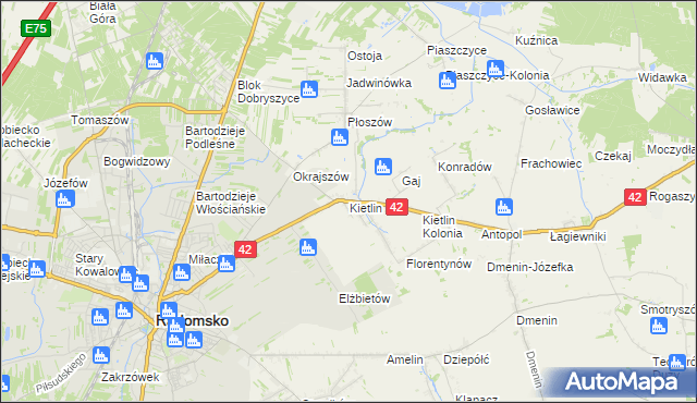 mapa Kietlin gmina Radomsko, Kietlin gmina Radomsko na mapie Targeo
