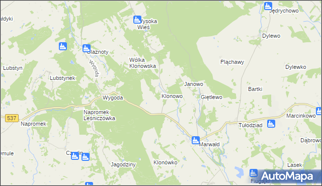mapa Klonowo gmina Ostróda, Klonowo gmina Ostróda na mapie Targeo