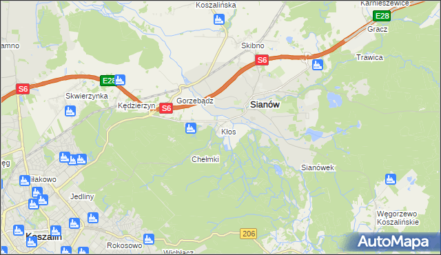mapa Kłos gmina Sianów, Kłos gmina Sianów na mapie Targeo