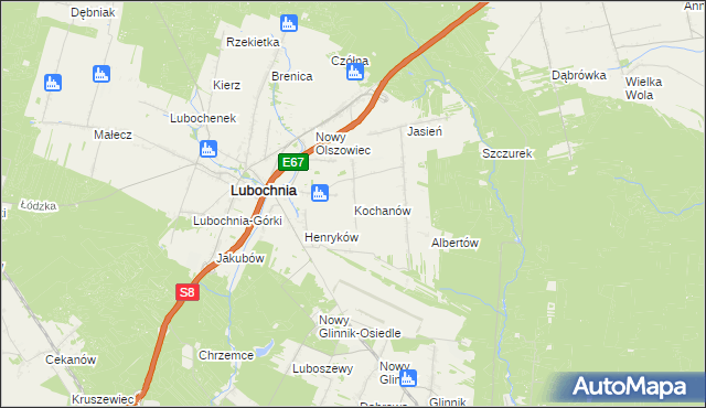 mapa Kochanów gmina Lubochnia, Kochanów gmina Lubochnia na mapie Targeo