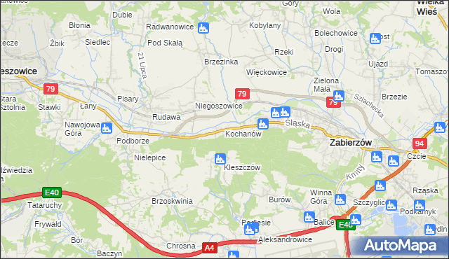 mapa Kochanów gmina Zabierzów, Kochanów gmina Zabierzów na mapie Targeo