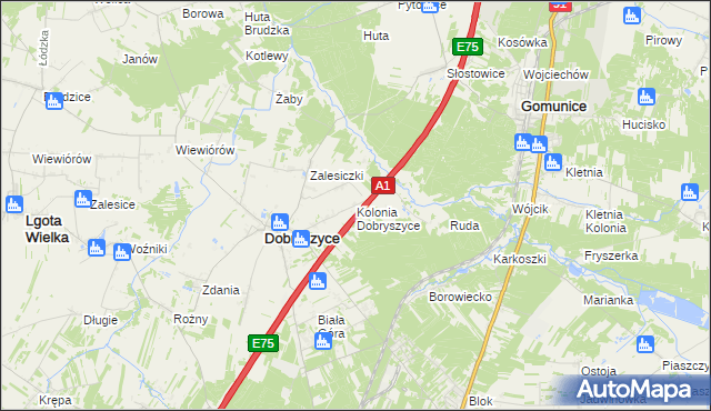 mapa Kolonia Dobryszyce, Kolonia Dobryszyce na mapie Targeo