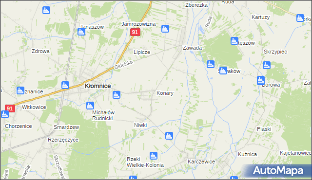 mapa Konary gmina Kłomnice, Konary gmina Kłomnice na mapie Targeo