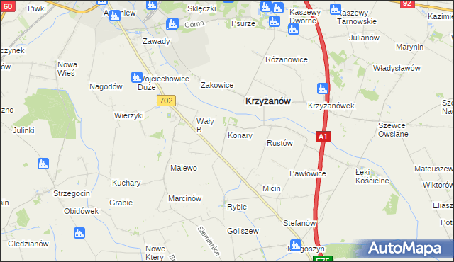 mapa Konary gmina Krzyżanów, Konary gmina Krzyżanów na mapie Targeo