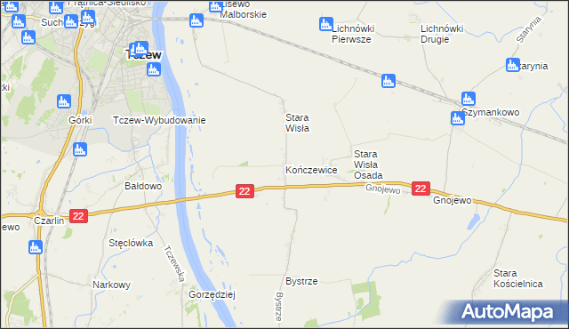 mapa Kończewice gmina Miłoradz, Kończewice gmina Miłoradz na mapie Targeo