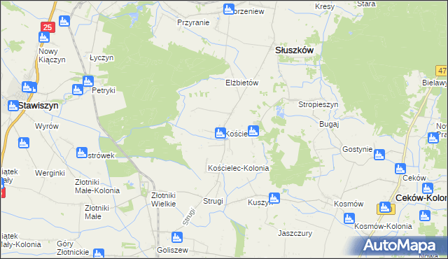mapa Kościelec gmina Mycielin, Kościelec gmina Mycielin na mapie Targeo
