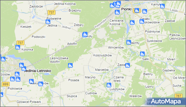 mapa Kościuszków gmina Pionki, Kościuszków gmina Pionki na mapie Targeo