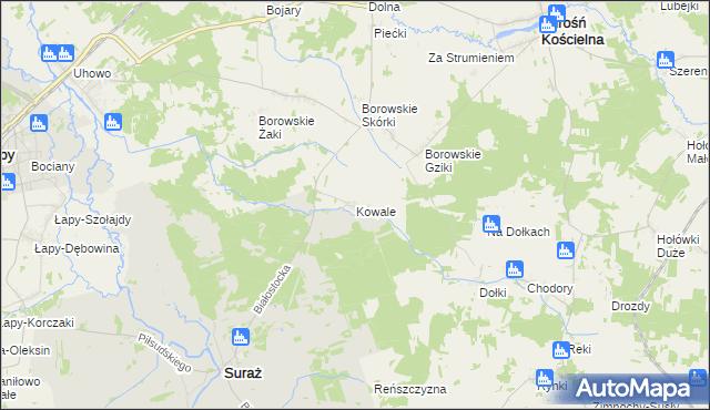 mapa Kowale gmina Suraż, Kowale gmina Suraż na mapie Targeo