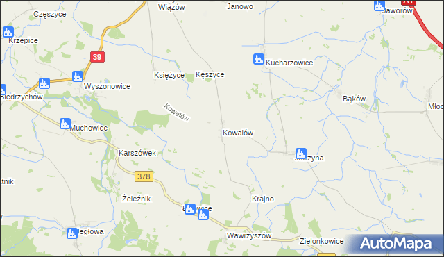 mapa Kowalów gmina Wiązów, Kowalów gmina Wiązów na mapie Targeo