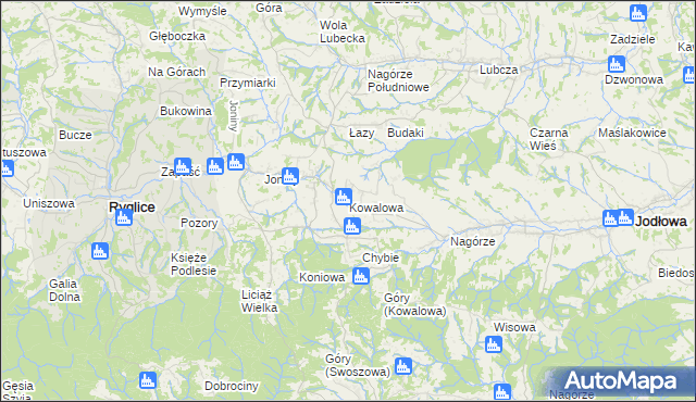 mapa Kowalowa gmina Ryglice, Kowalowa gmina Ryglice na mapie Targeo