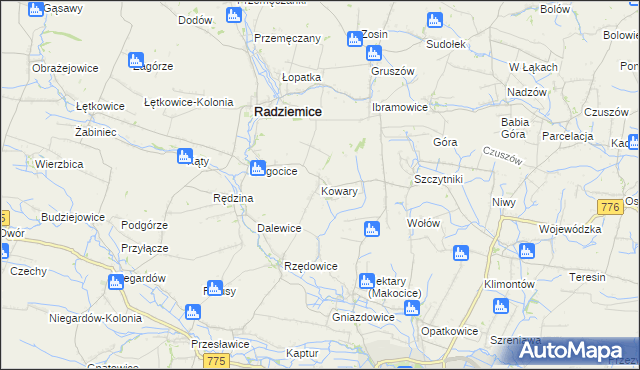 mapa Kowary gmina Radziemice, Kowary gmina Radziemice na mapie Targeo