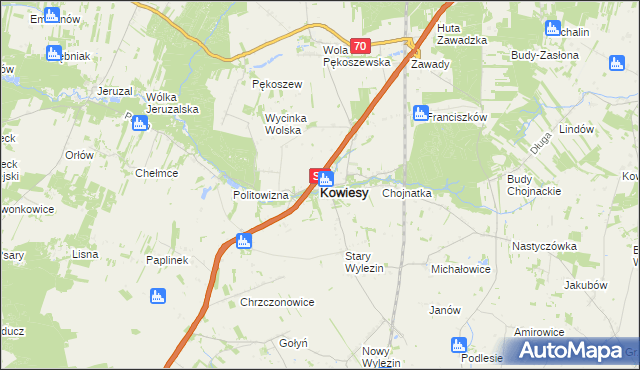 mapa Kowiesy powiat skierniewicki, Kowiesy powiat skierniewicki na mapie Targeo