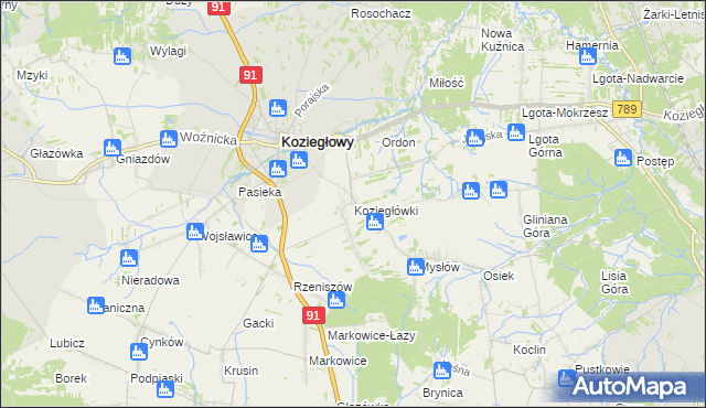 mapa Koziegłówki, Koziegłówki na mapie Targeo