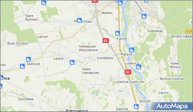 mapa Koziegłowy gmina Pokrzywnica, Koziegłowy gmina Pokrzywnica na mapie Targeo