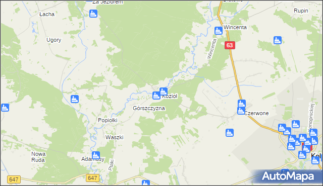 mapa Kozioł gmina Kolno, Kozioł gmina Kolno na mapie Targeo