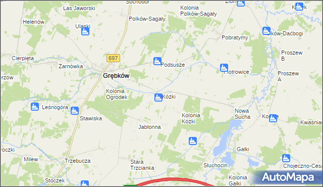 mapa Kózki gmina Grębków, Kózki gmina Grębków na mapie Targeo