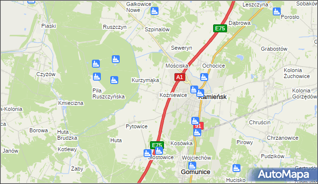 mapa Koźniewice, Koźniewice na mapie Targeo