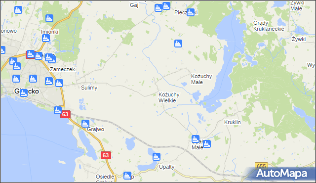 mapa Kożuchy Wielkie, Kożuchy Wielkie na mapie Targeo