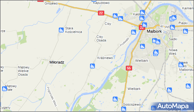 mapa Kraśniewo gmina Malbork, Kraśniewo gmina Malbork na mapie Targeo