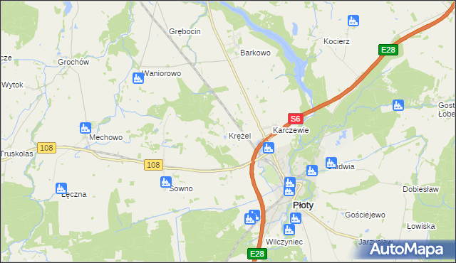 mapa Krężel gmina Płoty, Krężel gmina Płoty na mapie Targeo