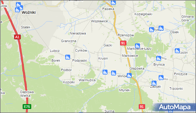 mapa Krusin gmina Koziegłowy, Krusin gmina Koziegłowy na mapie Targeo