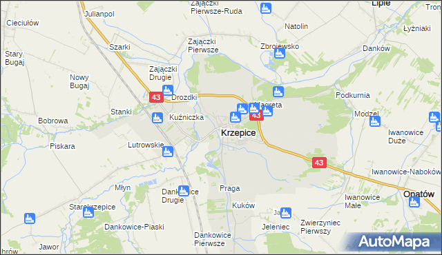 mapa Krzepice powiat kłobucki, Krzepice powiat kłobucki na mapie Targeo