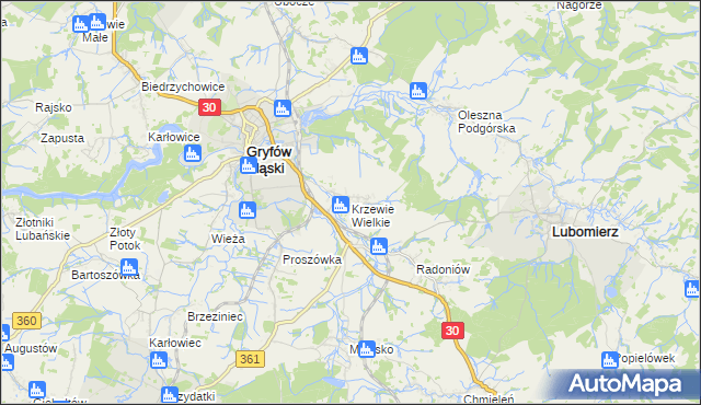 mapa Krzewie Wielkie, Krzewie Wielkie na mapie Targeo
