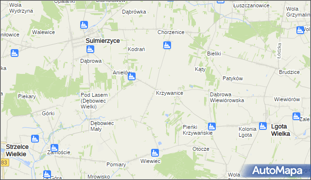 mapa Krzywanice gmina Lgota Wielka, Krzywanice gmina Lgota Wielka na mapie Targeo