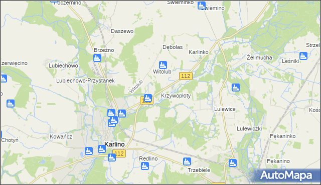 mapa Krzywopłoty gmina Karlino, Krzywopłoty gmina Karlino na mapie Targeo