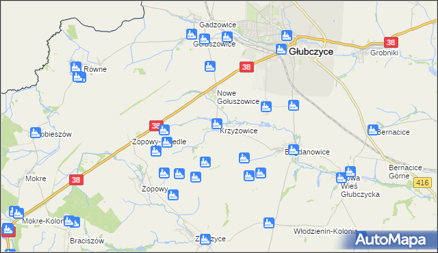 mapa Krzyżowice gmina Głubczyce, Krzyżowice gmina Głubczyce na mapie Targeo