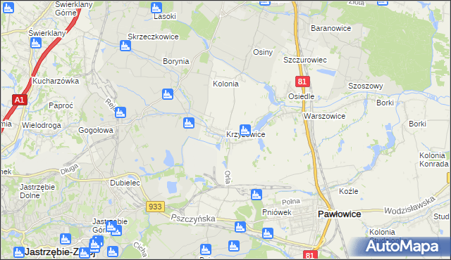 mapa Krzyżowice gmina Pawłowice, Krzyżowice gmina Pawłowice na mapie Targeo