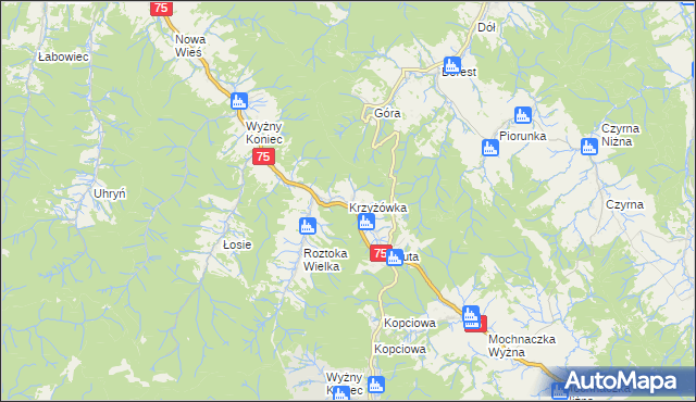 mapa Krzyżówka gmina Łabowa, Krzyżówka gmina Łabowa na mapie Targeo