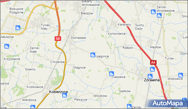 mapa Księginice gmina Kobierzyce, Księginice gmina Kobierzyce na mapie Targeo